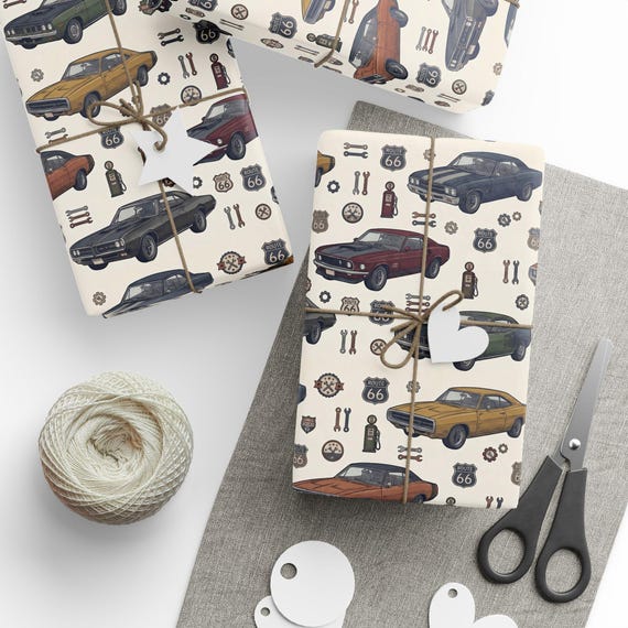 Vintage Muscle Cars Gift Wrap Roll | Car Lover Wrapping Paper | Large-Scale Pattern