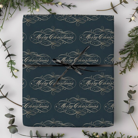 Merry Christmas Gift Wrap Roll | Vintage Calligraphy Xmas Wrapping Paper