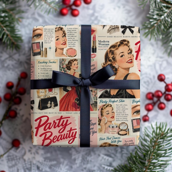 Vintage Beauty Magazine Wrapping Paper Roll | Pink & Red Gift Wrap | Retro Pinup Cosmetic Ad | Multiple Sizes