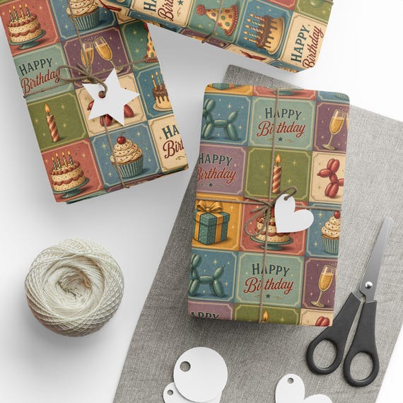 Retro Happy Birthday Gift Wrap Roll | Nostalgic Bday Wrapping Paper | Large-Scale Pattern