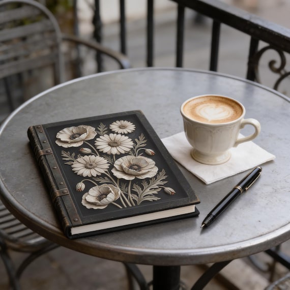 White Poppies and Daisies Journal | Vintage Hardcover Notebook | Antique Cottagecore Diary | Lined or Blank Pages