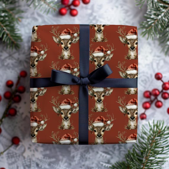 Reindeer Christmas Wrapping Paper Roll | Rust Red Vintage Lodge Holiday Wrap | Multiple Sizes
