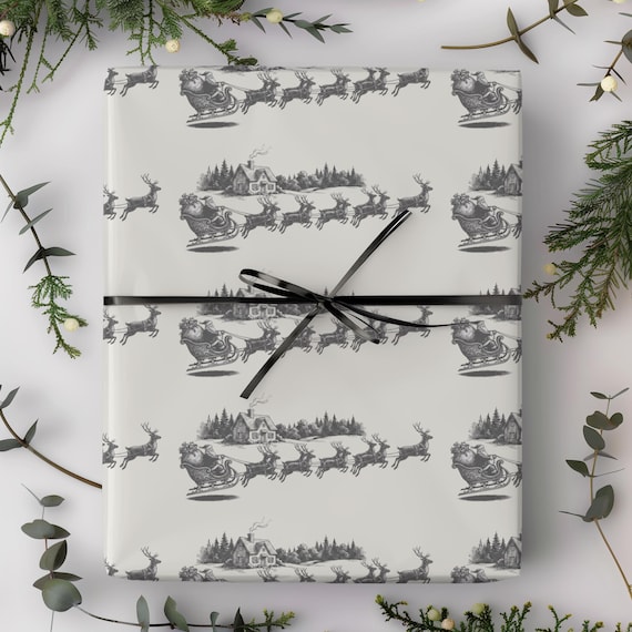 Santa's Sleigh Wrapping Paper Roll | Black & White Christmas Gift Wrap | Multiple Sizes
