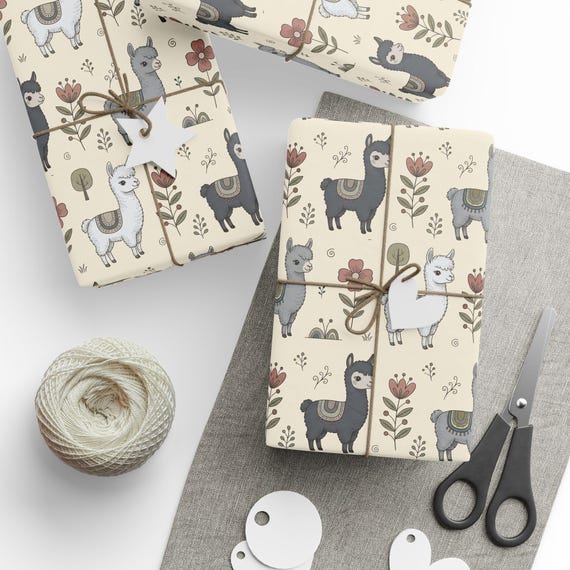 Storybook Llama Gift Wrap Roll | Floral Alpaca Wrapping Paper | Large-Scale Pattern
