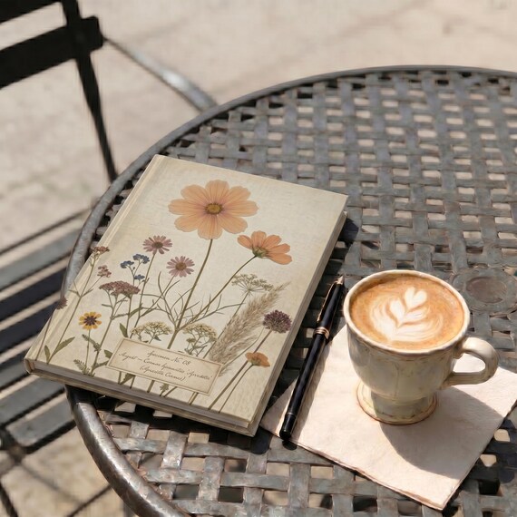 August Cosmos Birth Flower Journal | Heirloom Vintage Hardcover Notebook | Heritage Botanical Diary | Line or Blank Pages