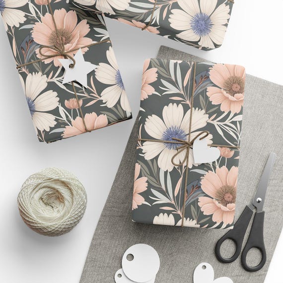 Vintage Floral Gift Wrap Roll | Gray and Pink Flowers Wrapping Paper | Large-Scale Pattern