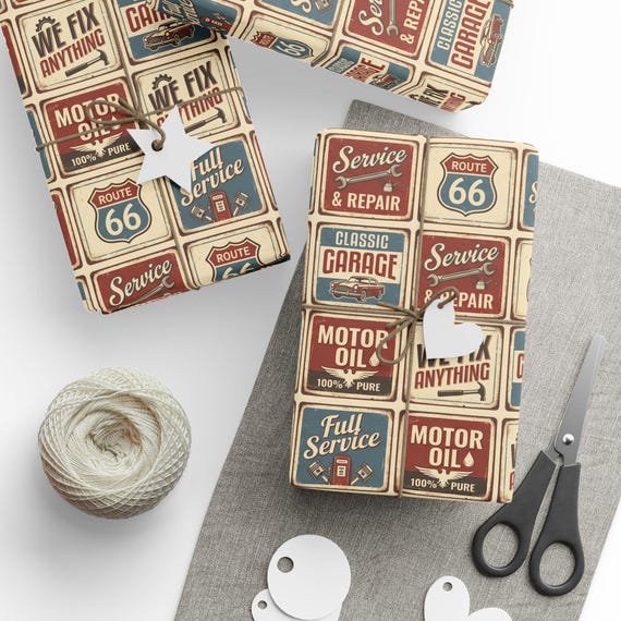 Vintage Garage Gift Wrap Roll | Mid-century Service Sign Wrapping Paper | Large-Scale Pattern