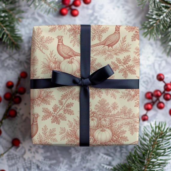 Vintage Pheasant Christmas Wrapping Paper Roll | Red Traditional Toile Wrap