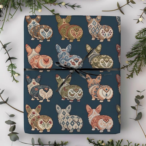 Corgi Butt Wrapping Paper | Folk Art Dog Lover Gift Wrap, Decorative Corgi Mom Birthday Paper, Cute Pet Illustration Wrap