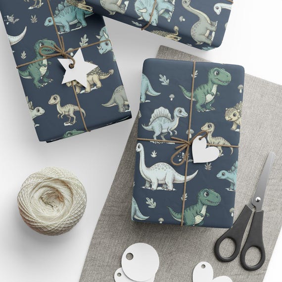 Baby Dinosaur Gift Wrap Roll | Navy Blue Dino Wrapping Paper | Large-Scale Pattern