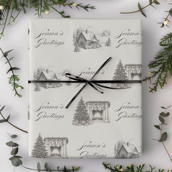 Vintage Seasons Greetings Wrapping Paper Roll | Cozy Cottage Xmas Gift Wrap |  B&W Holiday Paper