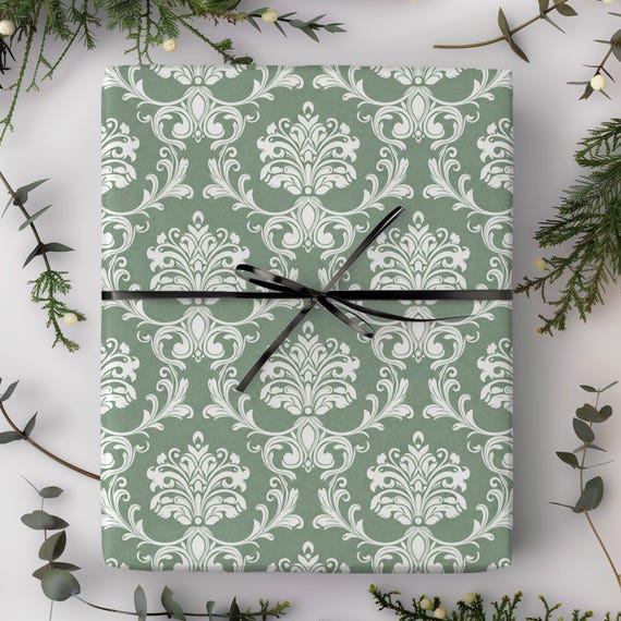 Sage Damask Gift Wrap Roll | Vintage Floral Wrapping Paper