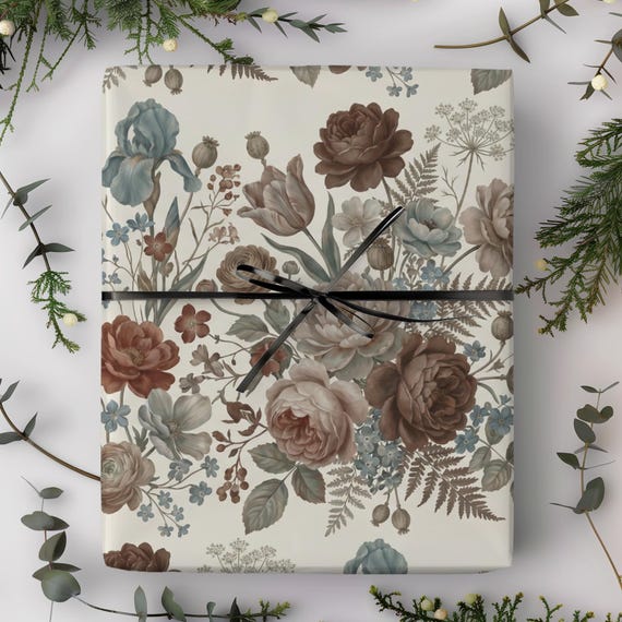 Dusty Romance Floral Pattern Gift Wrap Roll | Neutral Botanical Wrapping Paper