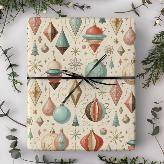 Mid-Century Christmas Ornaments Gift Wrap Roll | Retro Xmas Wrapping Paper