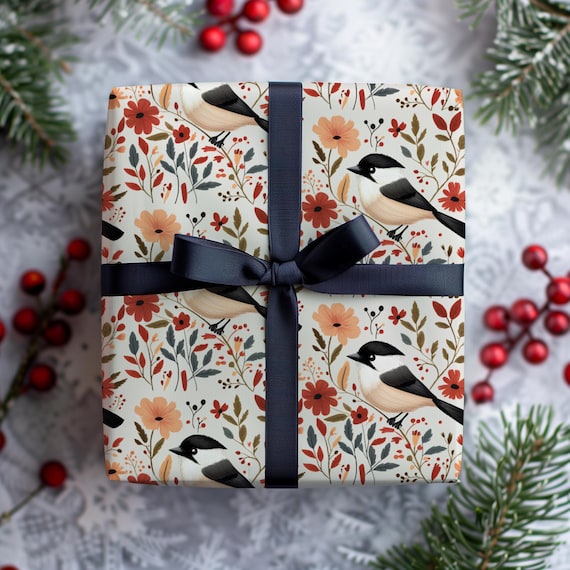 Autumn Floral Bird Wrapping Paper Roll | Folk Art Chickadee Gift Wrap | Retirement, Bird Lover, Housewarming, Wedding Present