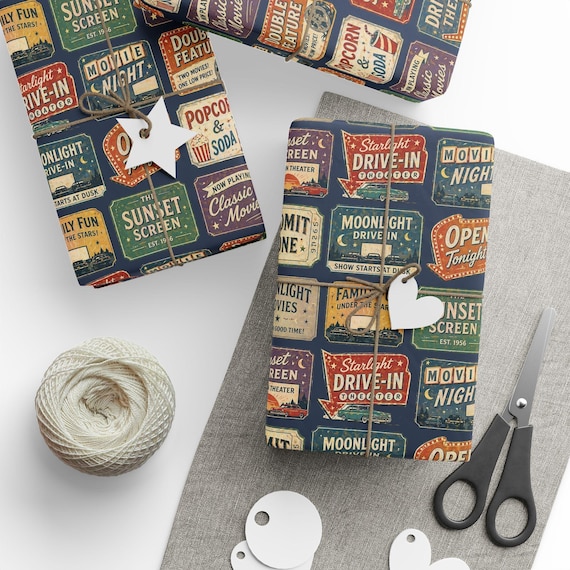 Retro Drive-In Theater Gift Wrap Roll | Vintage Movie Marquee Wrapping Paper | Large-Scale Pattern