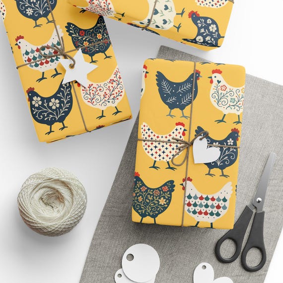 French Hens Gift Wrap Roll | Chicken Lover Folk Art Wrapping Paper | Large-Scale Pattern