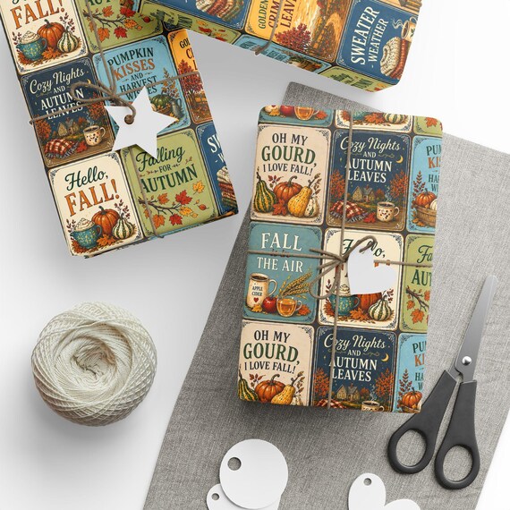 Retro Fall Sign Gift Wrap Roll | Whimsical Autumn Wrapping Paper | Large-Scale Pattern