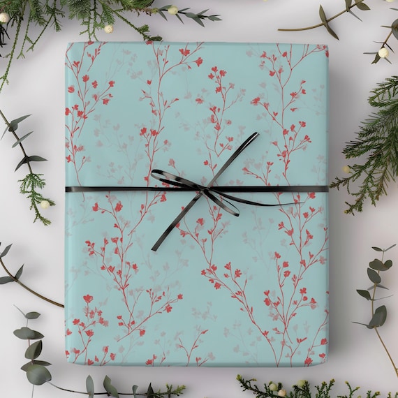 Cherry Blossom Gift Wrap Roll | Vintage Blue & Coral Floral Wrapping Paper | Wedding Anniversary Present | Retirement Gifts