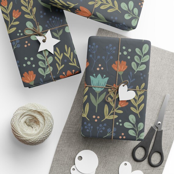 Folk-art Floral Gift Wrap Roll | Botanical Wrapping Paper | Large-Scale Pattern