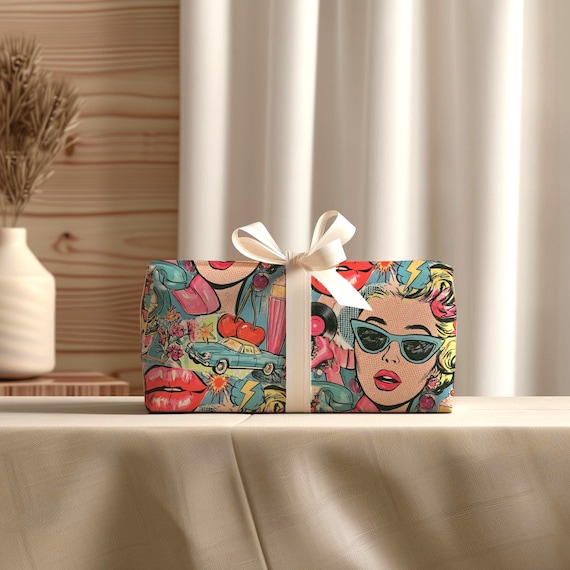 Retro Pop Art Wrapping Paper Roll | Comic Collage Gift Wrap | Pop-art Lover Present | Office, Co-worker, Birthday, Housewarming
