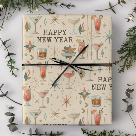 Pastel New Year Cocktail Gift Wrap Roll | Mid-Century Celebration Wrapping Paper | Dreaming of a Pastel Christmas Collection