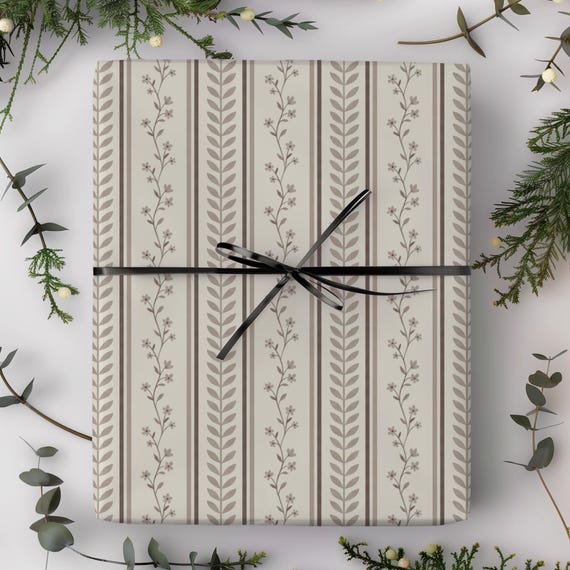 Neutral Leaf Stripe Gift Wrap Roll | Taupe Botanical Wrapping Paper