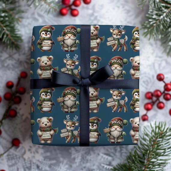 Storybook Christmas Friends Wrapping Paper Roll | Folk-art-inspired Xmas Holiday Gift Wrap | Multiple Sizes