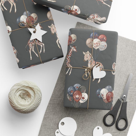 Safari Animal Gift Wrap Roll | Baby Zebra, Giraffe & Elephant Wrapping Paper | Large Scale Print