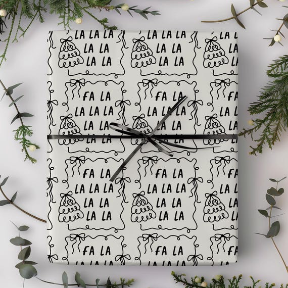 Fa La La La Christmas Gift Wrap Roll | Black and Ivory Xmas Wrapping Paper