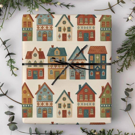 Painted Christmas Village Gift Wrap Roll | Scandinavian Xmas Wrapping Paper |  A Very Vintage Christmas Collection