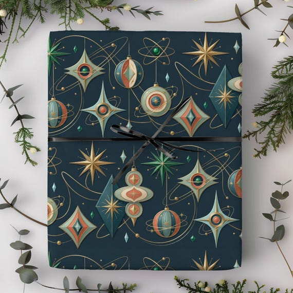 Atomic Retro Christmas Ornaments Gift Wrap Roll | Mid-century Xmas Holiday Wrapping Paper | Atomic Holiday Collection