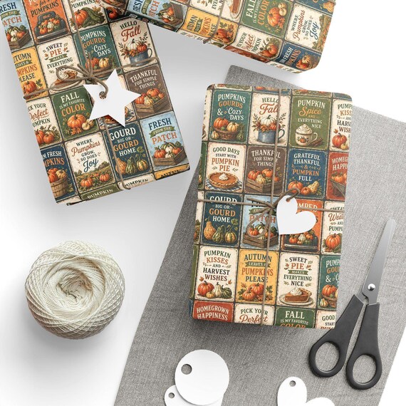 Pumpkin Harvest Gift Wrap Roll | Fall Autumn Theme Wrapping Paper | Large-Scale Pattern