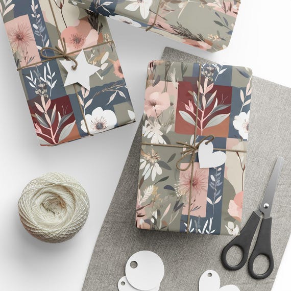 Vintage Patchwork Flowers Gift Wrap Roll | Botanical Wrapping Paper | Large-Scale Pattern