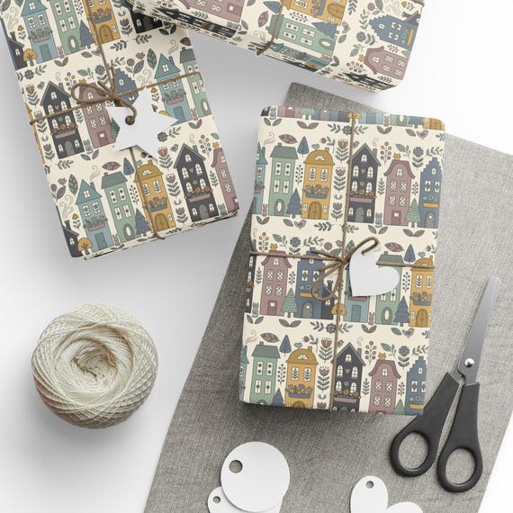 Storybook Cottage Gift Wrap Roll | Scandinavian-style Townhouse Wrapping Paper | Large-Scale Pattern