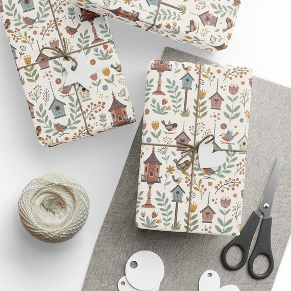 Mid-century Birdhouse Gift Wrap Roll | Whimsical Bird Lover Wrapping Paper | Large-Scale Pattern