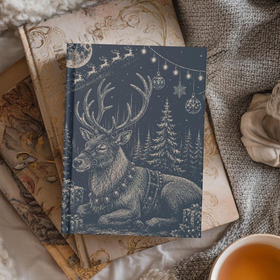 Christmas Reindeer Hardcover Journal | Xmas Stocking Stuffer Navy Notebook | Lined or Blank Pages