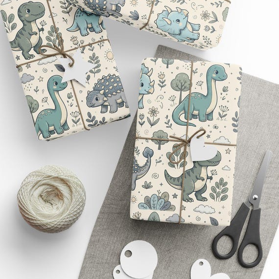 Storybook Dinosaur Gift Wrap Roll | Vintage Dino Matte Wrapping Paper | Large-Scale Pattern
