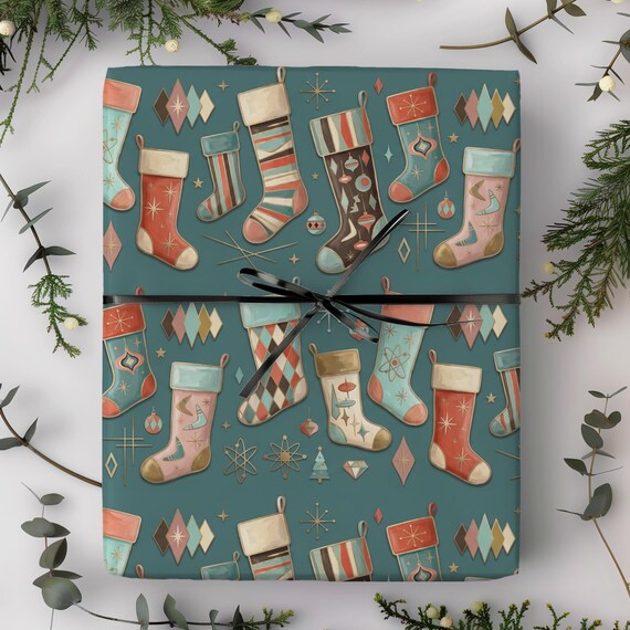 Pastel Christmas Stockings Gift Wrap Roll | Retro Xmas Wrapping Paper | Dreaming of a Pastel Christmas Collection