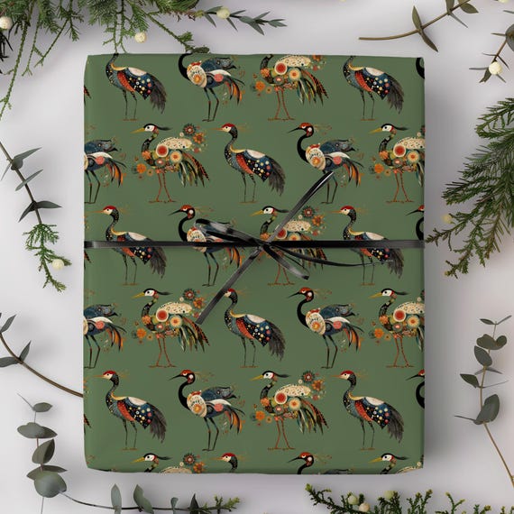 Boho Folkart Cranes Wrapping Paper Roll | Green Scandinavian Crane Gift Wrap | Multiple Sizes