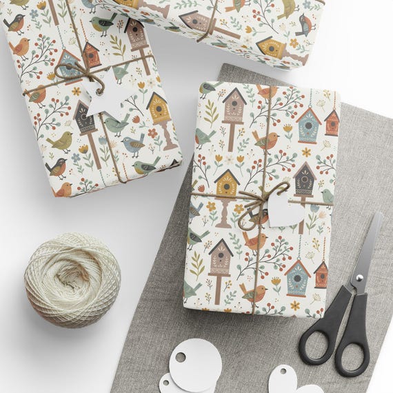 Scandinavian Birdhouse Gift Wrap Roll | Bird Lover Wrapping Paper | Large-Scale Pattern