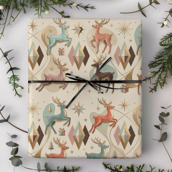 Pastel Reindeer Gift Wrap Roll | Mid-Century Xmas Holiday Wrapping Paper | Dreaming of a Pastel Christmas Collection