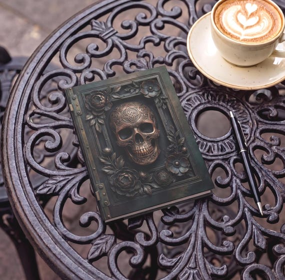 Ornate Carved Skull Journal | Vintage Hardcover Notebook | Antique Pirate Diary