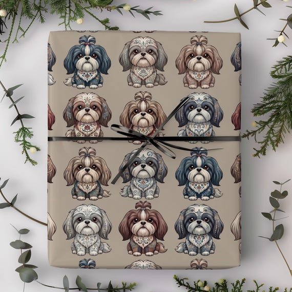 Shih Tzu Folk Art Pattern  Gift Wrap Roll | Teddy Bear Dog Wrapping Paper | Large-Scale Pattern