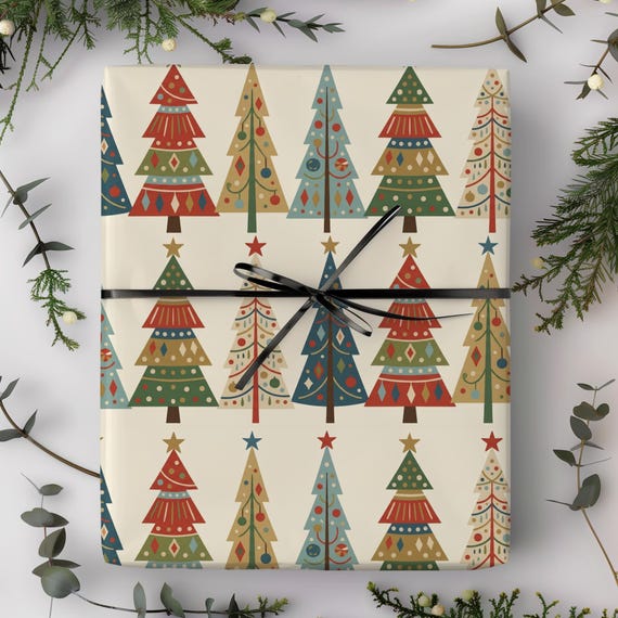 Mid Century Modern Christmas Wrapping Paper Roll | Vintage Folk Art Tree Gift Wrap | Retro Colorful Holiday Paper Roll for Him Her