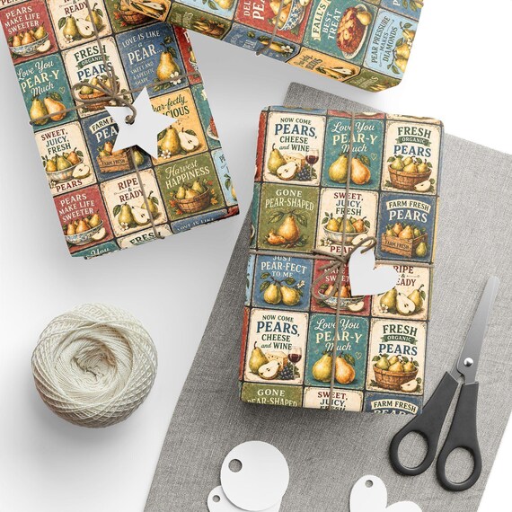 Retro Pear Gift Wrap Roll | Mid-Century Fruit Sign Wrapping Paper | Large-Scale Pattern