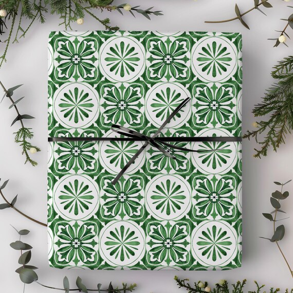 Green Floral Gift Wrap Roll | Mediterranean Tile Wrapping Paper | Multiple Sizes