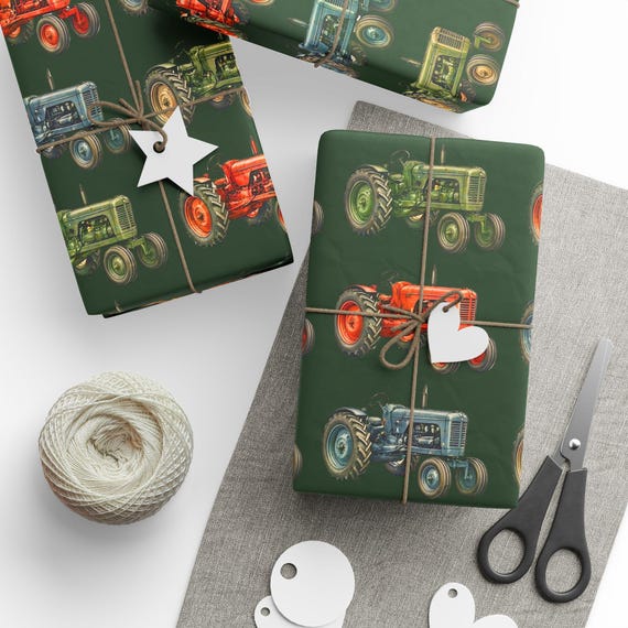 Nostalgic Tractor Gift Wrap Roll | Vintage Farm Life Wrapping Paper | Large-Scale Pattern
