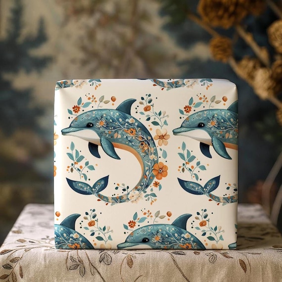 Dolphin Wrapping Paper | Whimsical Floral Marine Ocean Gift Wrap, Beach Housewarming, Nautical Birthday Paper for Her