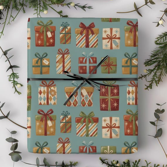 Painted Christmas Presents Gift Wrap Roll | Mid-century Modern Xmas Wrapping Paper | A Very Vintage Christmas Collection